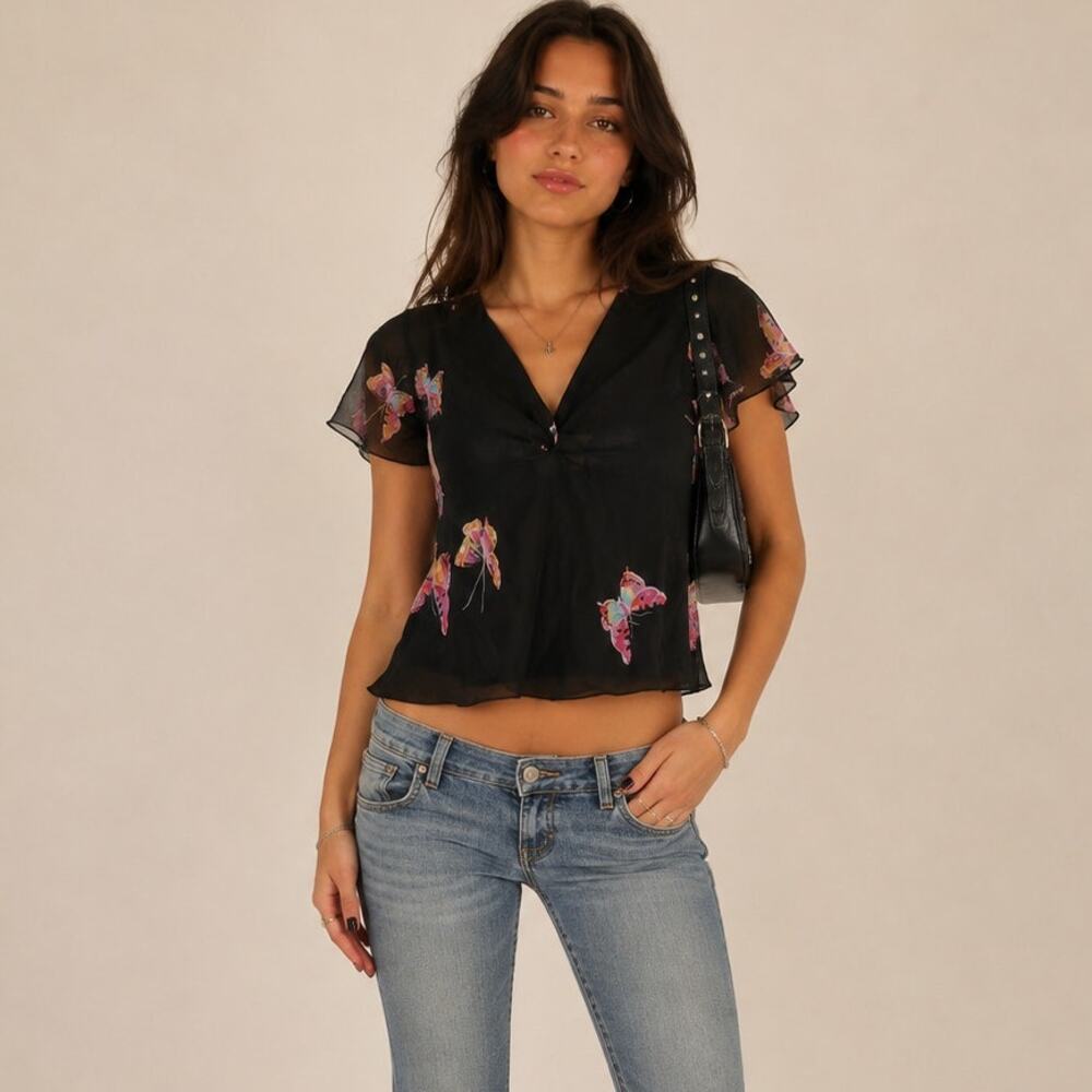 Vintage Y2K Silk Babydoll Butterfly Top XL Dark Fairy 90s Artsy Bratz Sheer